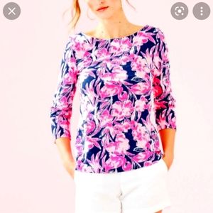 Lilly Pulitzer Waverly top, size large, inky navy flamingle print